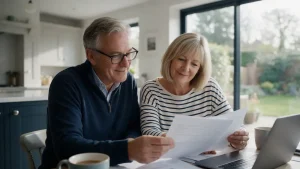 Couple in their sixties reviewing their pension paperwork together at the kitchen table, working out how much they need to retire